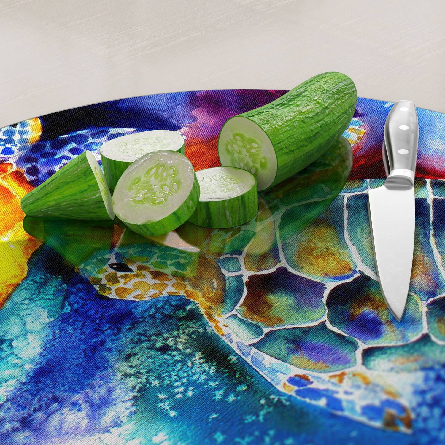 Küchenbrett Aus Gehärtetem Glas – Rutschfest, Hitzebeständig & Lebensmittelecht (60x52 Cm, Mit Tropenblatt-Design)